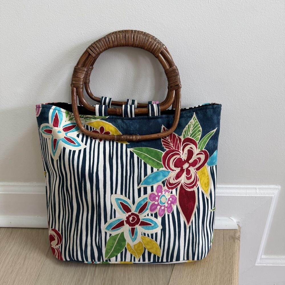 VTG Jams World Tropical Floral Boho Canvas Handbag Bamboo Handles Hawaiian